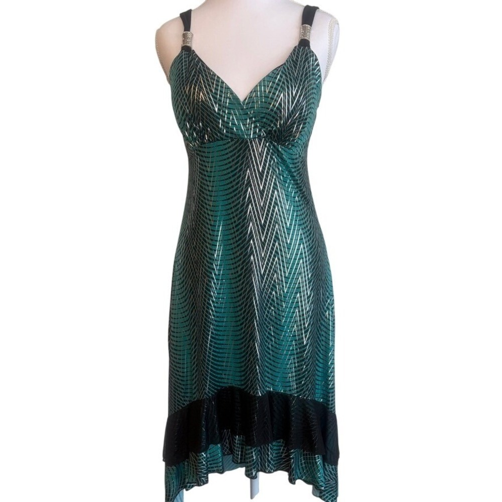 Vtg Y2K 90s Gidani Babydoll Dress Med‎ Teal/Blk/Silver Babydoll HOCO Maximalism